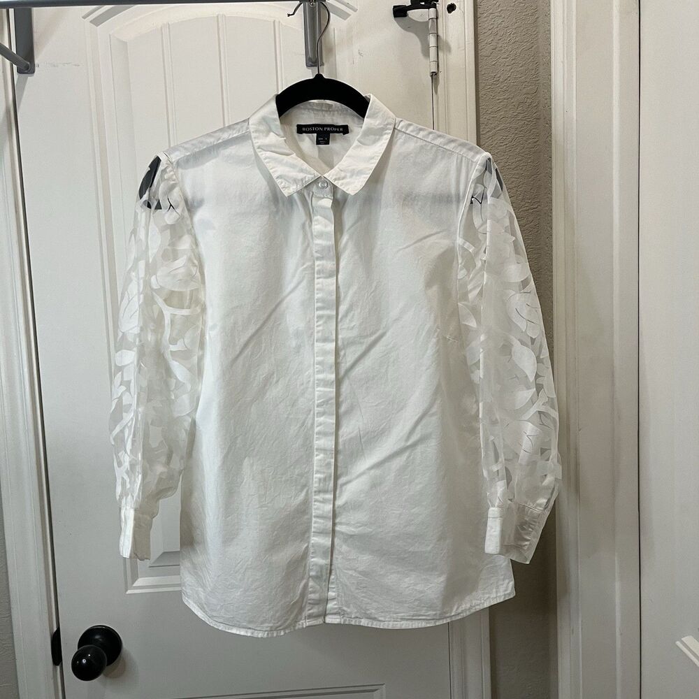 Boston Proper White Button Up Sheer Floral Long Balloon Sleeve Top Womens Size S